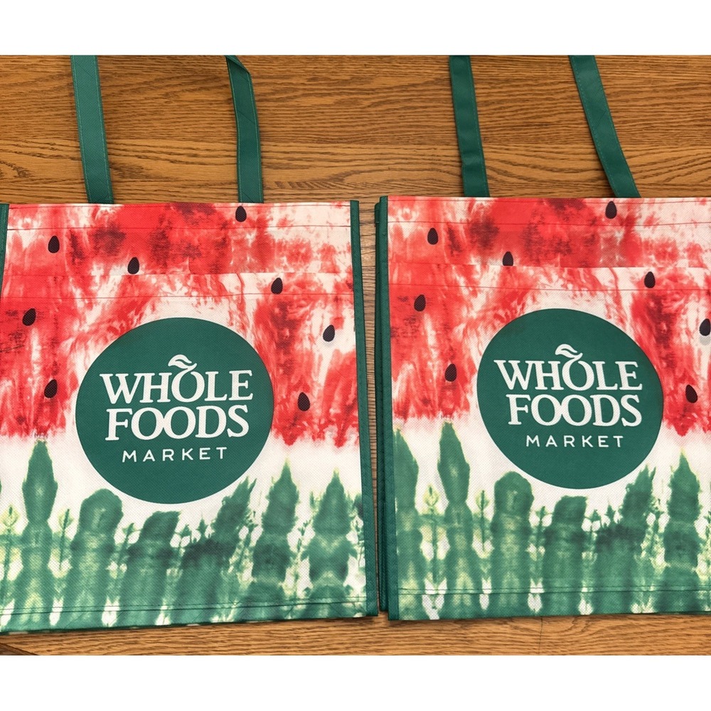 Set Of 2 Whole Foods Market Reusable Bag Watermelon Large Washable Pocket Summer